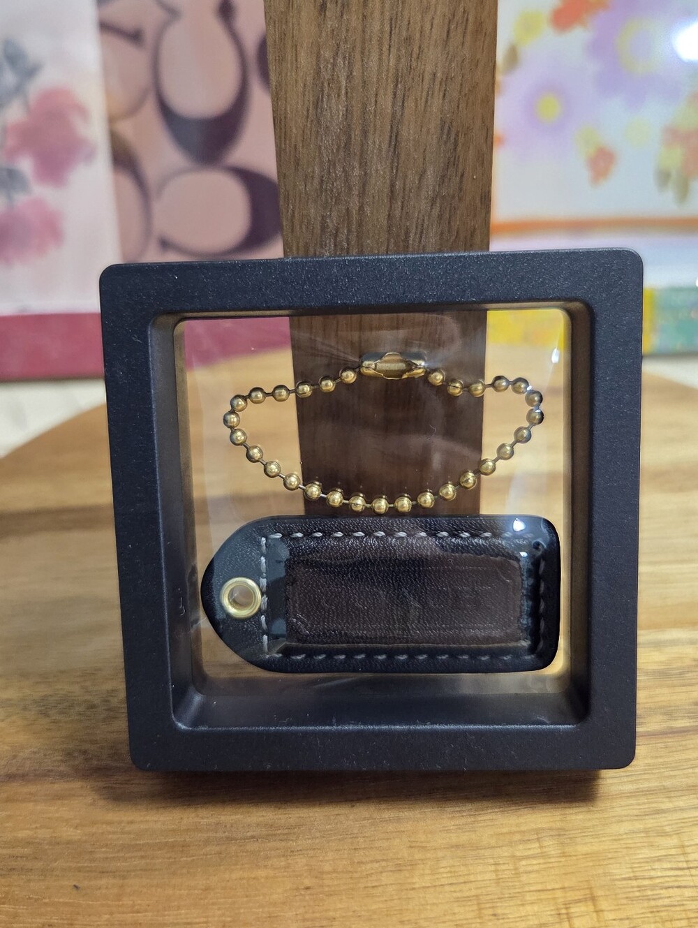Coach Black With Metallic Gray Back Leather Hangtag With Gold Chain, EUC